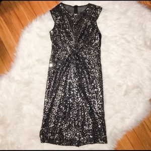 Vince Camuto Black and Silver Sequin Knotted Dress